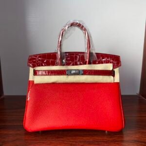 Birkin  25 Hand stitched Rouge Vif Touch Niloticus Crocodile Birkin 25 PHW  Handcrafted Saddle stitch authentic hand-sewn