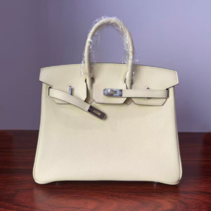 Birkin 25 Bleu Lin Swift Palladium Hardware Jaune Milton Handmade women's handbag Biscuit-colored Swift leather