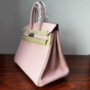Birkin 25cm Rose Sakura Swift Palladium Hardware Biscuit-colored Swift leather Handmade women's handbag Hand stitched
