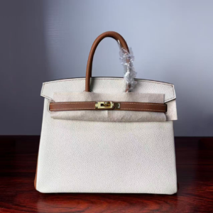 Birkin 25 Handcrafted authentic hand-sewn Togo Leather in Milkshake White & Gold, Gold Hardware Hand stitched Saddle stitch