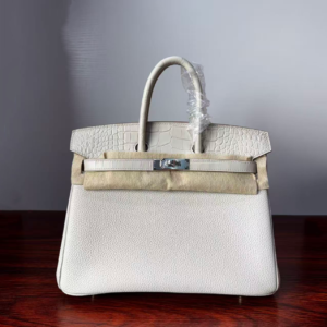 Birkin 25 authentic hand-sewn Touch: Glacier White Crocodile/Togo Mix, Silver Hardware Handcrafted sophisticated
