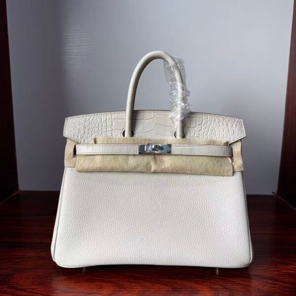 Birkin 25 authentic hand-sewn Touch: Glacier White Crocodile/Togo Mix, Silver Hardware Handcrafted sophisticated