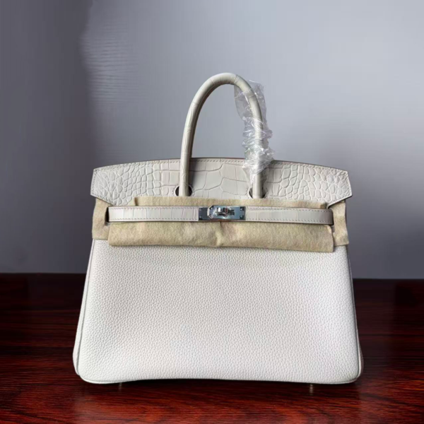 Birkin 25 authentic hand-sewn Touch: Glacier White Crocodile/Togo Mix, Silver Hardware Handcrafted sophisticated