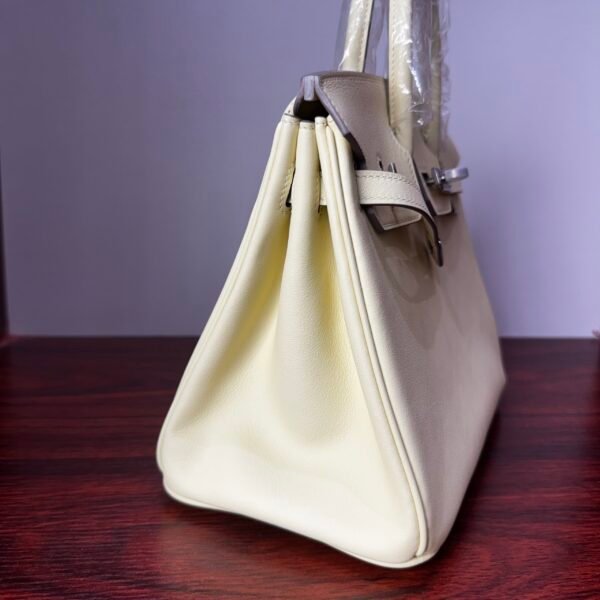 Birkin 25 Bleu Lin Swift Palladium Hardware  Jaune Milton Handmade women's handbag Biscuit-colored Swift leather
