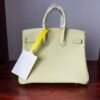 Birkin 25 Bleu Lin Swift Palladium Hardware  Jaune Milton Handmade women's handbag Biscuit-colored Swift leather