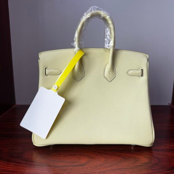 Birkin 25 Bleu Lin Swift Palladium Hardware  Jaune Milton Handmade women's handbag Biscuit-colored Swift leather