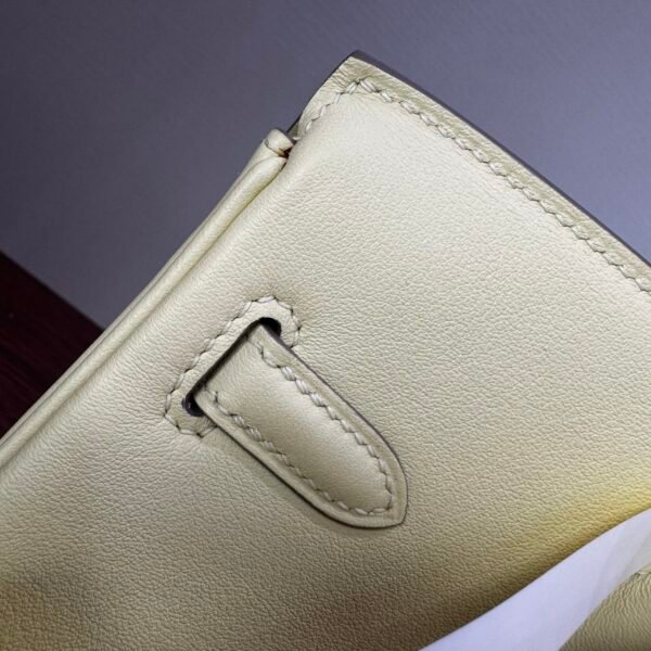 Birkin 25 Bleu Lin Swift Palladium Hardware  Jaune Milton Handmade women's handbag Biscuit-colored Swift leather