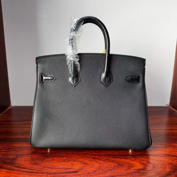 Birkin 25 Handcrafted Saddle stitch Matte Black Porosus Crocodile Silver Hardware Hand stitched authentic hand-sewn sophisticated