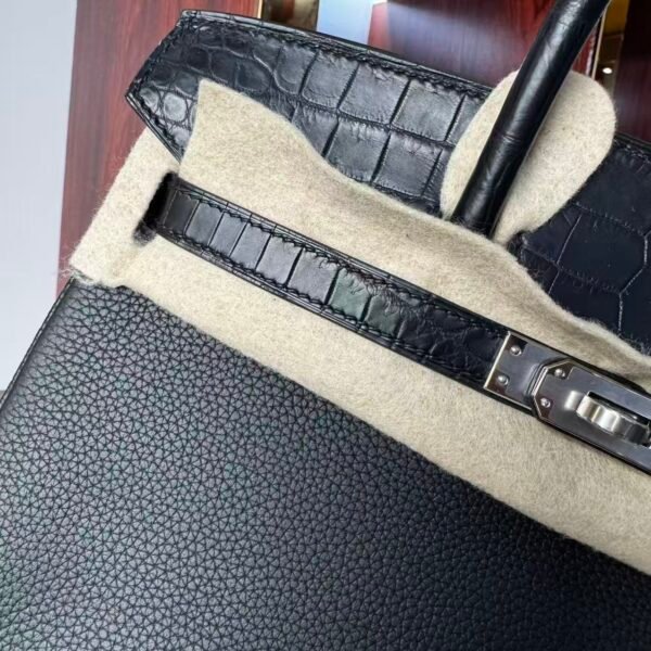 Birkin 25 Handcrafted Saddle stitch Matte Black Porosus Crocodile Silver Hardware Hand stitched authentic hand-sewn sophisticated