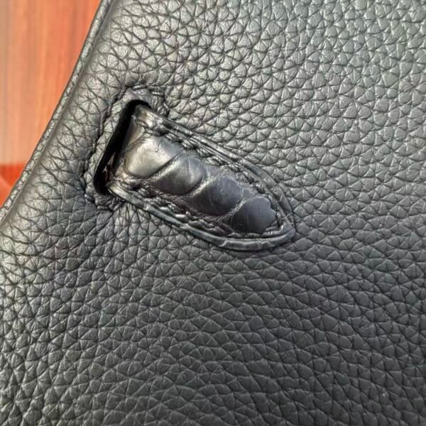 Birkin 25 Handcrafted Saddle stitch Matte Black Porosus Crocodile Silver Hardware Hand stitched authentic hand-sewn sophisticated