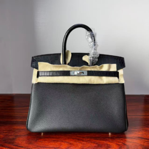 Birkin 25 Handcrafted Saddle stitch Matte Black Porosus Crocodile Silver Hardware Hand stitched authentic hand-sewn sophisticated