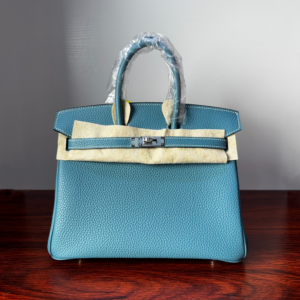 Birkin 25 Handcrafted Saddle stitch Togo Leather in Denim Blue with Silver Hardware Hand stitched authentic hand-sewn