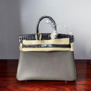 Birkin 25 Hand stitched Handcrafted Graphite Grey, Saddle stitch Niloticus Crocodile, Palladium Hardware authentic hand-sewn sophisticated