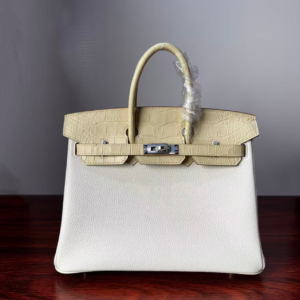 Birkin 25 Handcrafted Hand stitched Alligator Vanilla / Togo Mushroom White, Silver Hardware authentic hand-sewn Saddle stitch