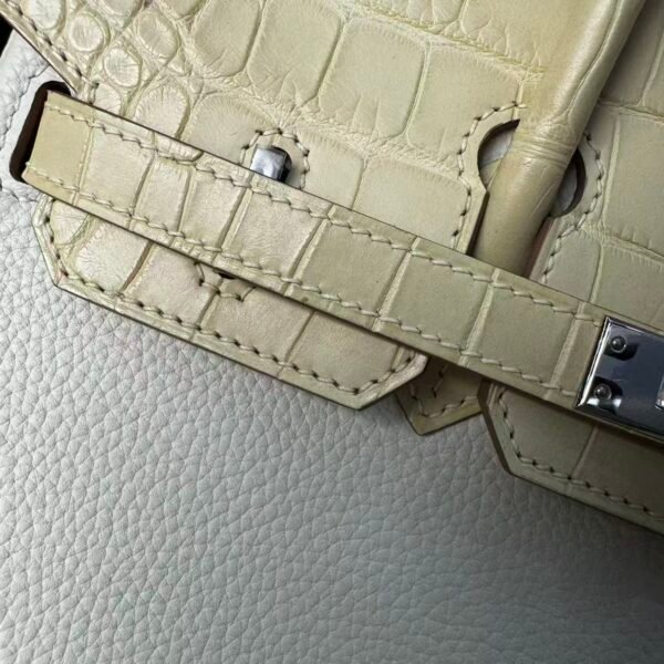Birkin 25 Handcrafted Hand stitched Alligator Vanilla / Togo Mushroom White, Silver Hardware authentic hand-sewn Saddle stitch