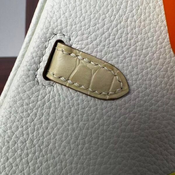 Birkin 25 Handcrafted Hand stitched Alligator Vanilla / Togo Mushroom White, Silver Hardware authentic hand-sewn Saddle stitch