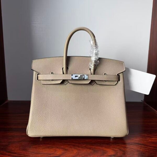 Birkin 25 Saddle stitch authentic hand-sewn Togo Leather in Trench Grey with Silver Hardware Hand stitched Handcrafted