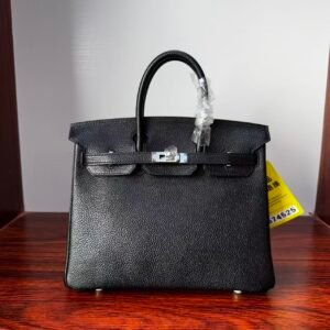 Birkin 25  Saddle stitch authentic hand-sewn Black Barenia Faubourg Saddle Leather Silver Hardware  Hand stitched Handcrafted