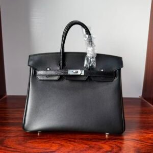 Birkin 25 Hand stitched Handcrafted Black Swift & Lizard Skin, Silver Touch Hardware Saddle stitch authentic hand-sewn