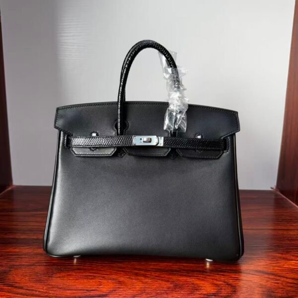 Birkin 25 Hand stitched Handcrafted Black Swift & Lizard Skin, Silver Touch Hardware Saddle stitch authentic hand-sewn 1 Birkin 25 Hand stitched Handcrafted Black Swift & Lizard Skin, Silver Touch Hardware Saddle stitch authentic hand-sewn