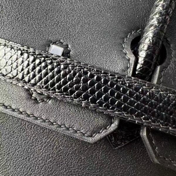 Birkin 25 Hand stitched Handcrafted Black Swift & Lizard Skin, Silver Touch Hardware Saddle stitch authentic hand-sewn 6 Birkin 25 Hand stitched Handcrafted Black Swift & Lizard Skin, Silver Touch Hardware Saddle stitch authentic hand-sewn