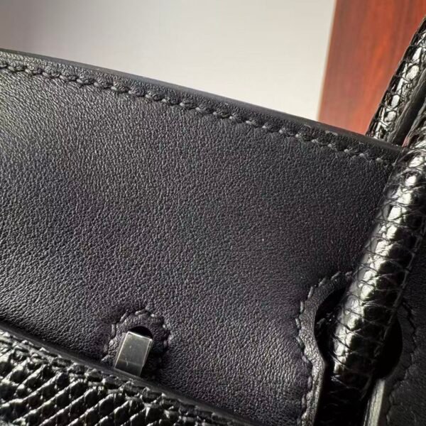 Birkin 25 Hand stitched Handcrafted Black Swift & Lizard Skin, Silver Touch Hardware Saddle stitch authentic hand-sewn 7 Birkin 25 Hand stitched Handcrafted Black Swift & Lizard Skin, Silver Touch Hardware Saddle stitch authentic hand-sewn
